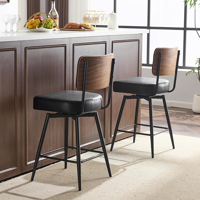 VINGLI 26" Swivel Bar Stools Set of 2, Upholstered PU Leather BarStools - Image 8