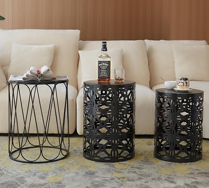 HFHOME Set of 3 Metal Outdoor Side Table, Nesting Round Coffee Table - Image 6