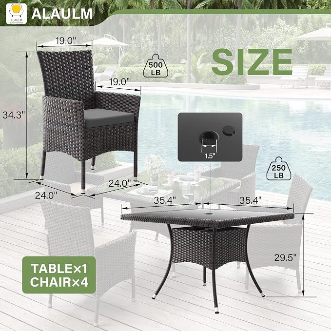 ALAULM 5 Piece Patio Dining Set All-Weather Wicker Outdoor Furniture Set - Image 2