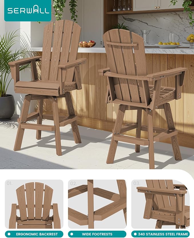 SERWALL Swivel Adirondack Barstools Set of 2, HDPE Outdoor Swivel Bar Chairs - Image 4