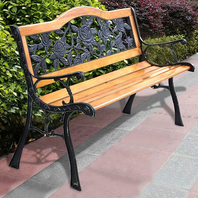 Giantex 50 Inch Patio Bench, Outdoor Furniture Rose Cast Iron Hardwood Frame by Giantex