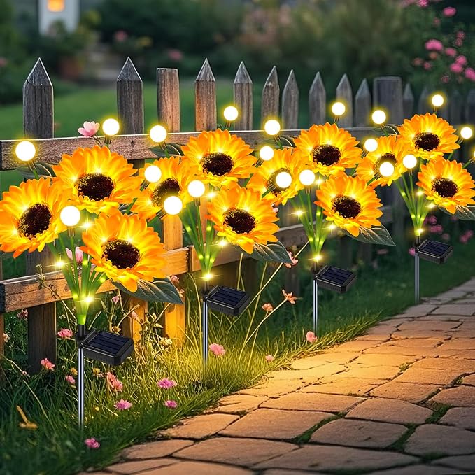 Sunflower Solar Lights Outdoor Garden Decor, Upgraded 4 Pack Solar Sunflowers by yeuago