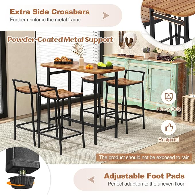 Tangkula 5 Piece Acacia Wood Bar Table Set, Outdoor Bar Height Table & Chairs - Image 7