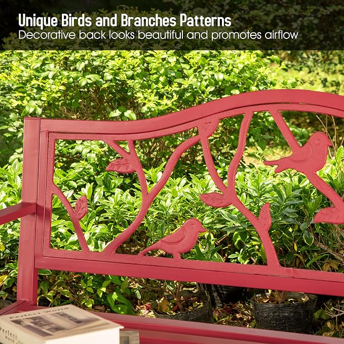 Sophia & William Outdoor Patio Metal Park Bench Red, Steel Frame Bench - Image 4