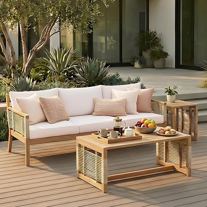 Outdoor 3-Seater Sofa Set with 2 Coffee Tables, Patio Acacia Wood Frame by JIVOIT