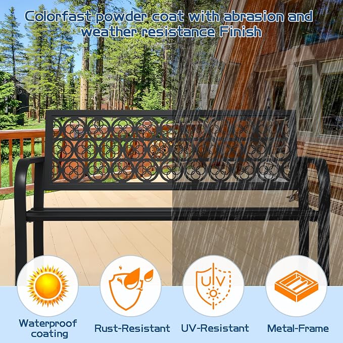 50" Outdoor Bench, Metal Weatherproof Garden Bench Cast Iron Heavy-Duty Patio - Image 3