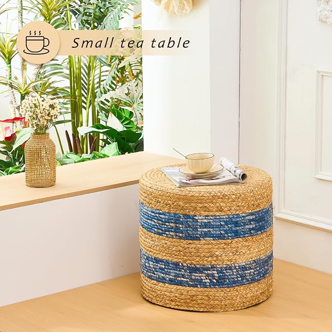 Handwoven Ottoman Pouf, Natural Water Hyacinth Footstool, Round Braided Outdoor - Image 2