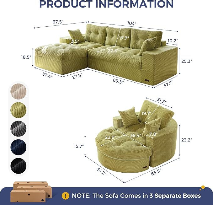 MAXYOYO L Shape Sectional Sofa Couch and Round Chaise Lounge, Modern Cloud Couch - Image 2