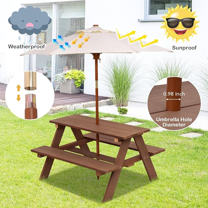 HONEY JOY Kids Picnic Table, Outdoor Wooden Bench Set w/Removable Umbrella - Image 4