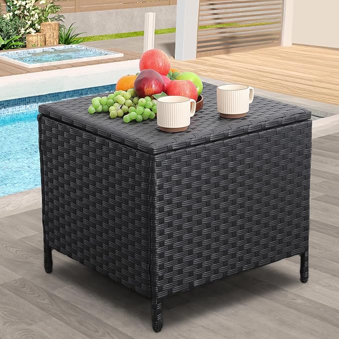 Outdoor Wicker Storage Side Table, Patio Black PE Rattan End Table by Lvidenoutdoor