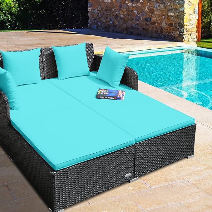 RELAX4LIFE Rattan Patio Outdoor Daybed, Wicker 2-Person Sunbed Loveseat - Image 8