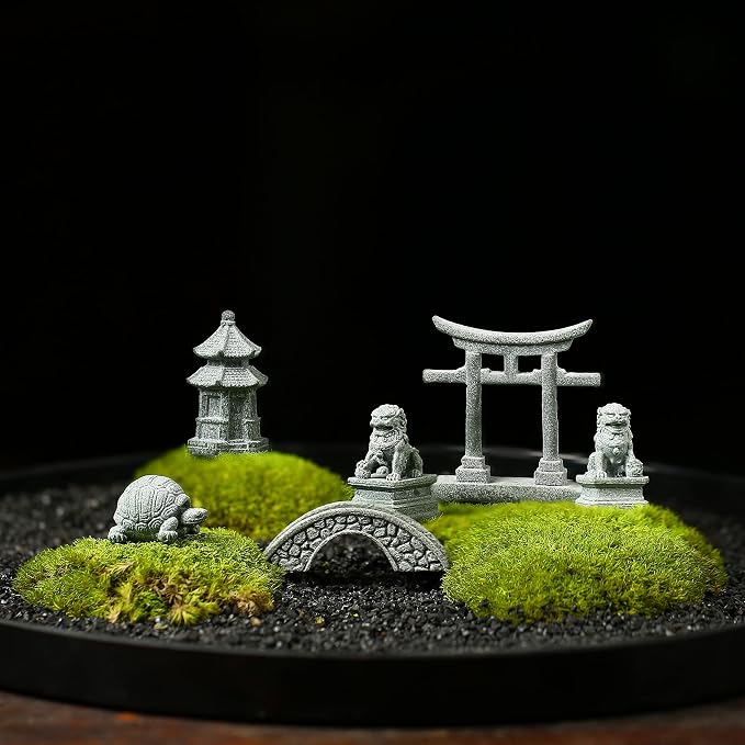 6 PCS Mini Zen Garden Accessories, Miniature Garden Bridge Foo Dogs Torii Gate - Image 3