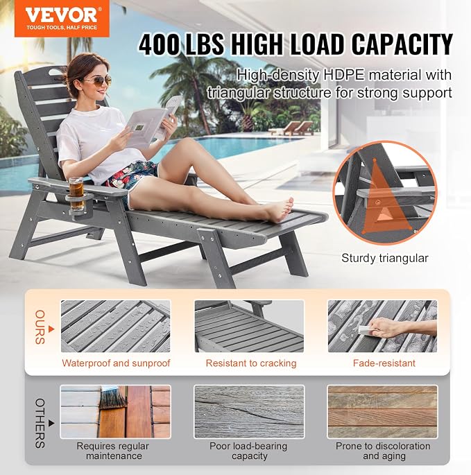 VEVOR Chaise Lounge Chair, 400 lbs Weight Capacity, 6 Positions Adjustable - Image 4