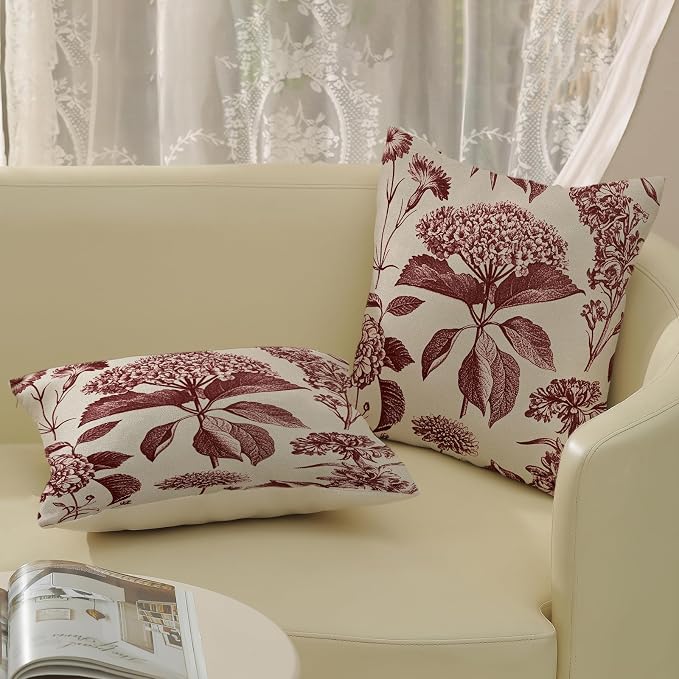 Burgundy Red Pillow Covers 18x18 Inch 2 Pcs Boho Vintage Floral Decor Throw - Image 4