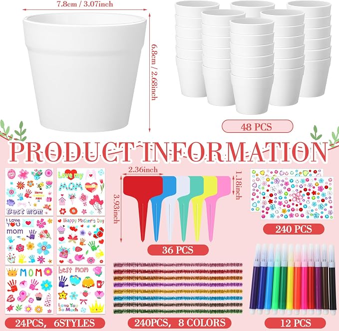 Funnymoom 48 Set Paintable Flower Pot Craft Kit DIY Spring Pots Craft - Image 3