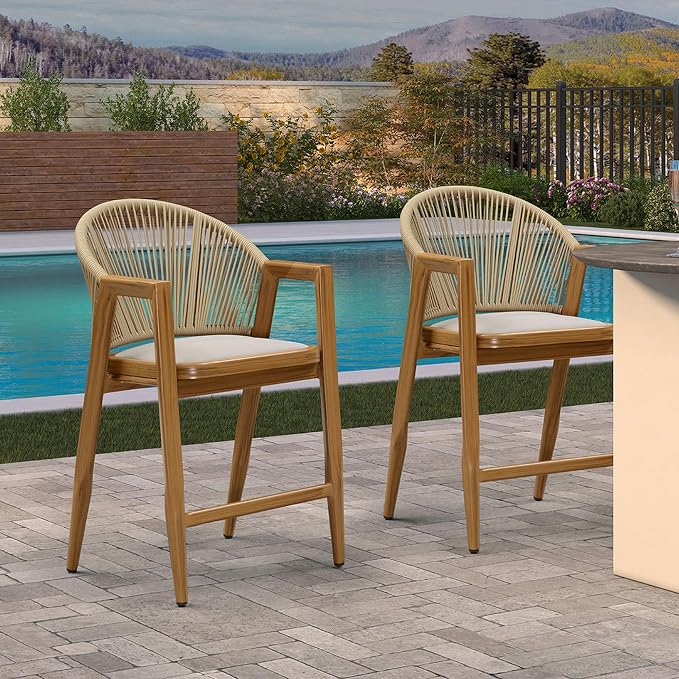 PURPLE LEAF Outdoor Counter Height Bar Stools Set of 2 Wicker Rattan Counter - Image 4
