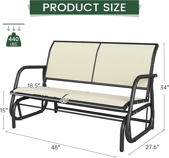 Patio Outdoor Glider Bench, High Backrest and Breathable Mesh Fabric, Yard - Image 3