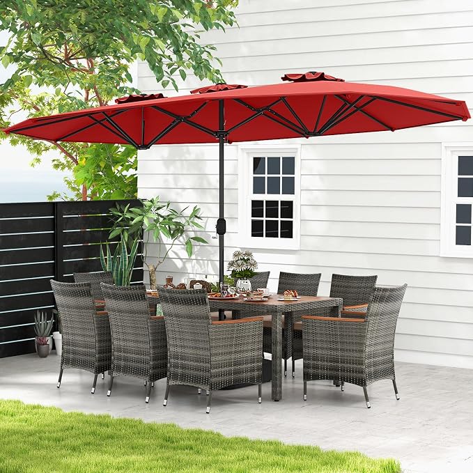 Tangkula 10 Pieces Patio Wicker Dining Set w/Double-Sided Patio Umbrella - Image 9