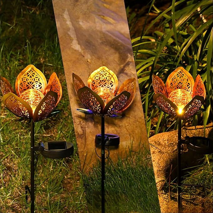 Solar Lights Outdoor Garden Decor, LED Lotus Flower Lamp, Metal Tulip Solar - Image 6