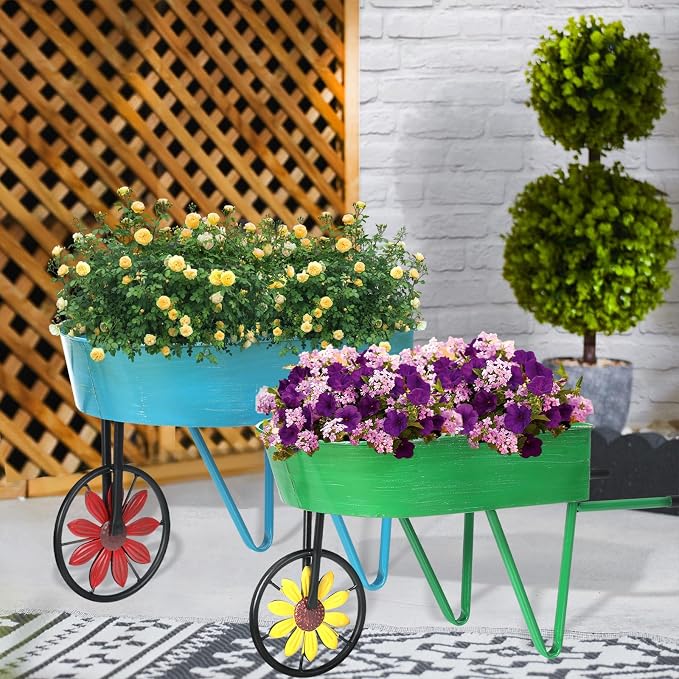 BAYN Metal Wheelbarrow Flower Cart Planter, 2 Packs Plant Stands - Image 2