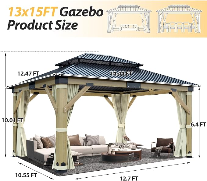 13'x15' Wood Gazebo, Outdoor Solid Wooden Gazebo - Image 2