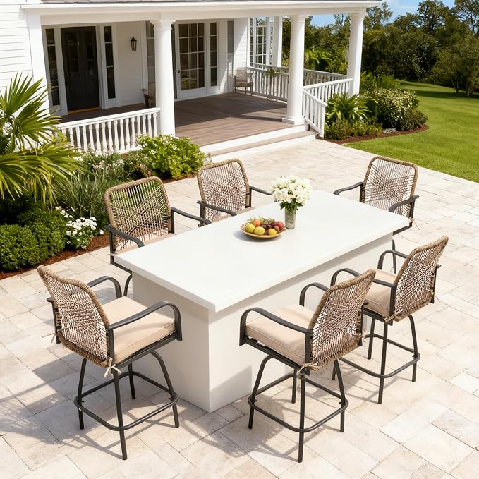 Patio Swivel Bar Stools Set of 6, Outdoor Rattan Height Bar Patio Swivel Chairs - Image 2