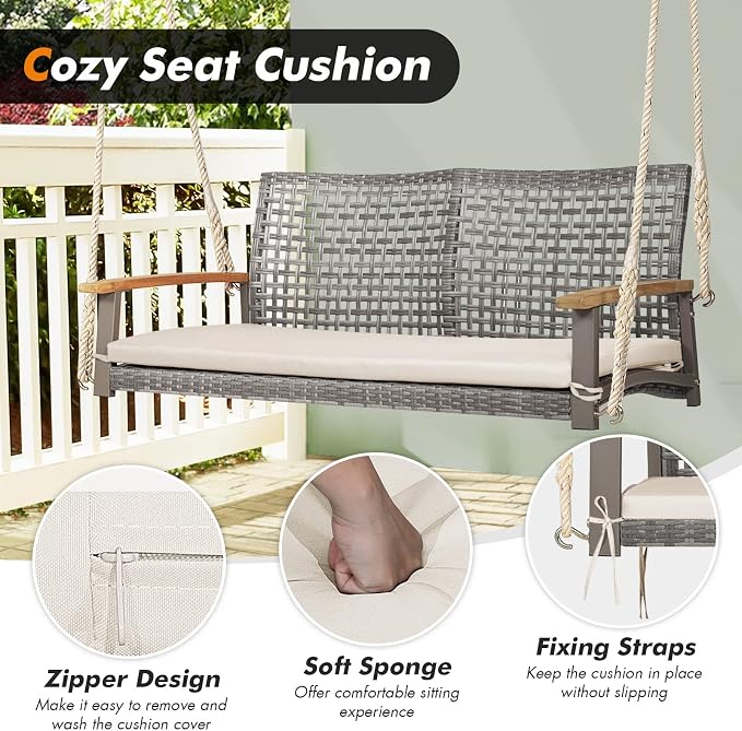 Happygrill 2-Person Patio Porch Swing Chair, Outdoor Rattan Swing Bench - Image 6