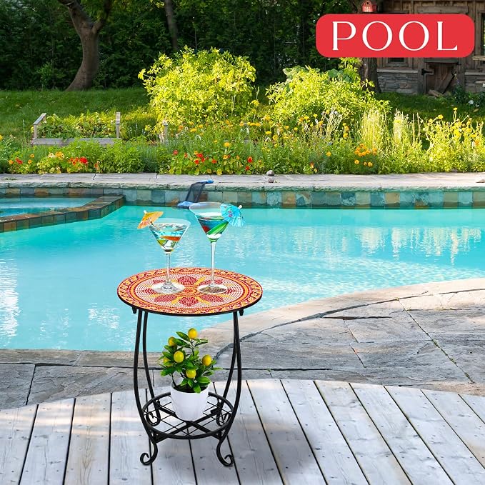 Outdoor Side Table Round Small Mosaic Patio Accent Indoor End Plant Coffee Tea - Image 5