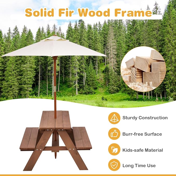 HONEY JOY Kids Picnic Table, Outdoor Wooden Bench Set w/Removable Umbrella - Image 3