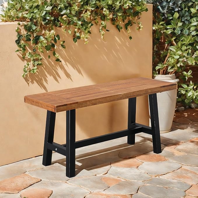 VINGLI Outdoor Bench with Metal Legs Rustic, Wood Dining Bench Indoor Outdoor - Image 2