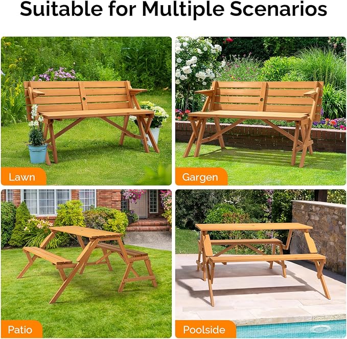VINGLI 2-in-1 Outdoor Wooden Picnic Table and Bench Set - Image 7