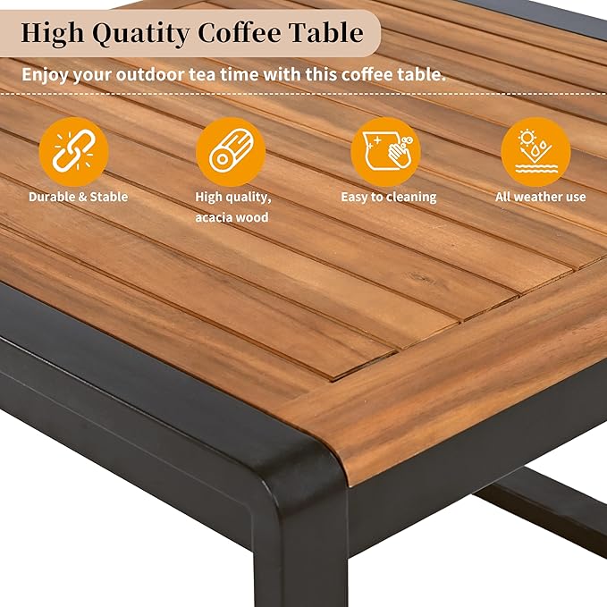 4 Pieces Outdoor Patio Conservation Set, Metal and Wood Frame Sectional - Image 6