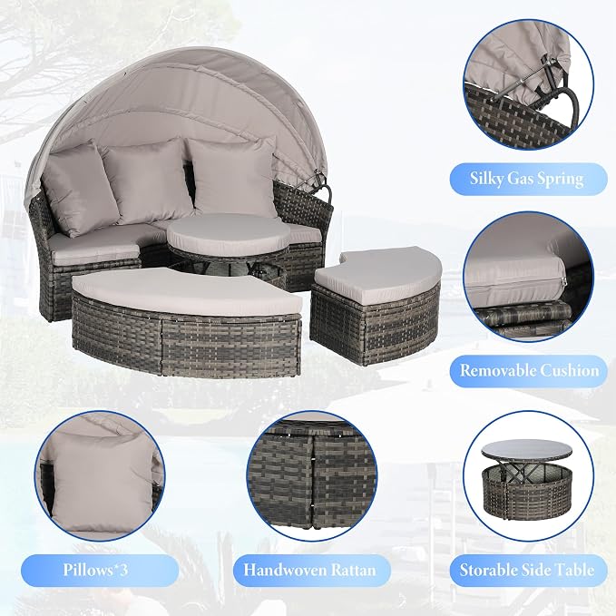 Merax 5 Pieces Outdoor Patio Round Daybed Furniture, All-Weather Wicker - Image 5