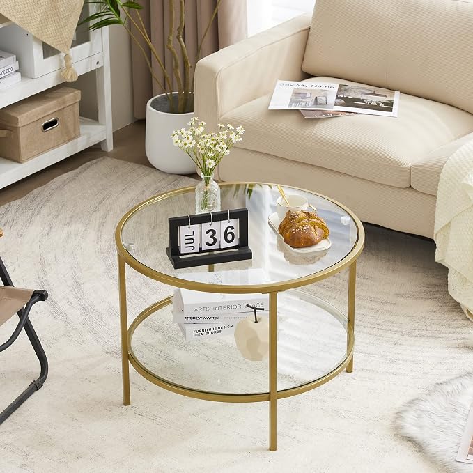 VINGLI Glass Coffee Table, 25.6" Round Champagne Gold Coffee Tables - Image 10