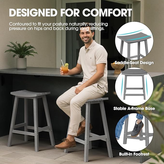 Ciokea 4 Set 29" Outdoor Bar Stools Heavy Duty HDPE Outdoor Stools Weatherproof - Image 3