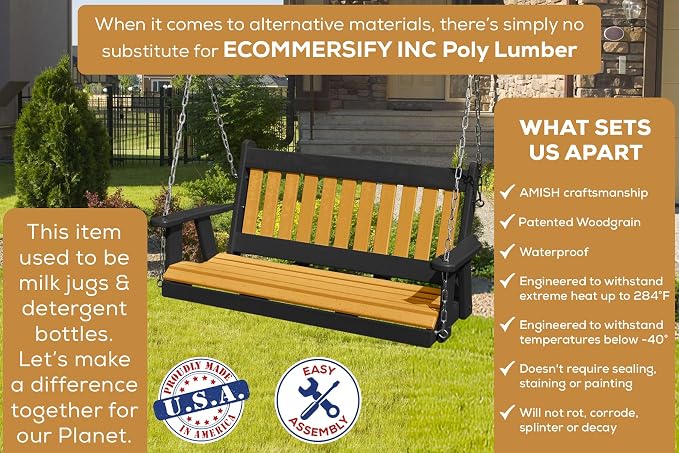 Poly Lumber Wood 4FT Mission Porch Swing Amish Craftsmandship Made in USA HDPE - Image 3