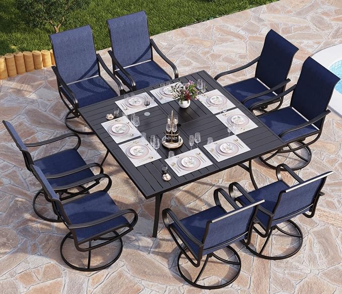 PHI VILLA 9 Piece Outdoor Patio Dining Set, Large Square Metal Dining Table and by PHIVILLAThepioneerofcomfortablehouseholdsupplies