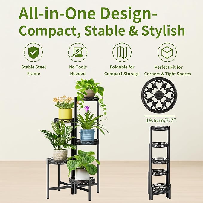 Plant Stand Indoor Outdoor, 5 Tier Corner Metal Flower Display Holder Shelf - Image 5