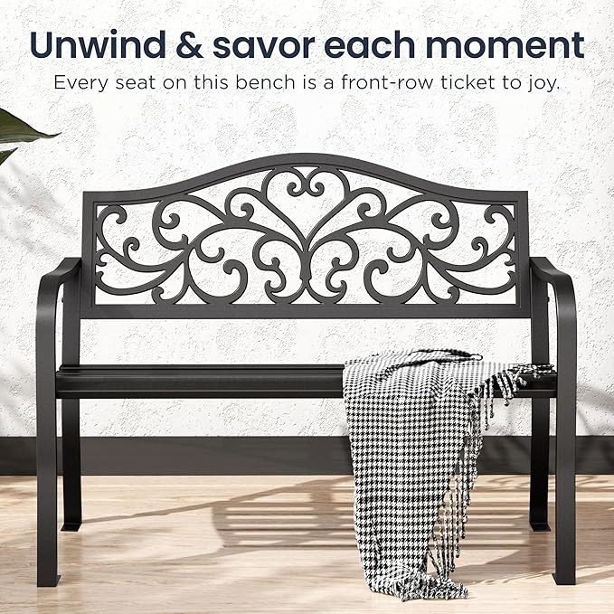 PHI VILLA 43 Inch Cast Iron Steel Frame Outdoor Garden Bench, Patio Furniture - Image 7