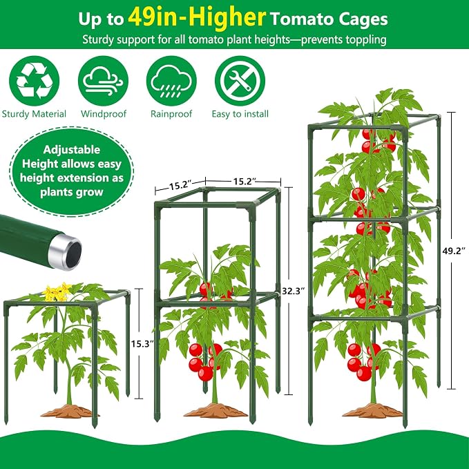 3 Set Square Tomato Cages with 18 Gallon Grow Bags, Plant Support Tower Stakes - Image 5
