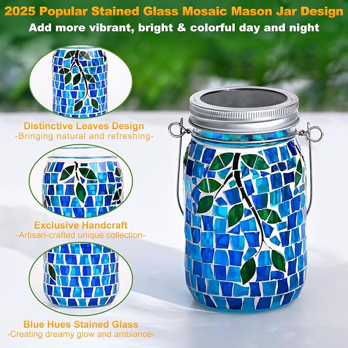 Uspring 2 Pack Mosaic Solar Lanterns Outdoor Waterproof Garden Decor Stained - Image 2