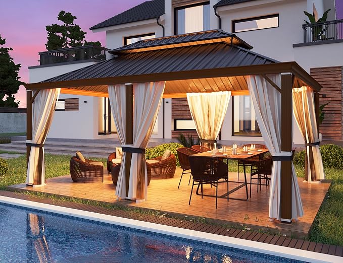 YOLENY 12' x 18' Hardtop Gazebo, Wood Grain Aluminum Frame Outdoor Gazebo by YOLENY