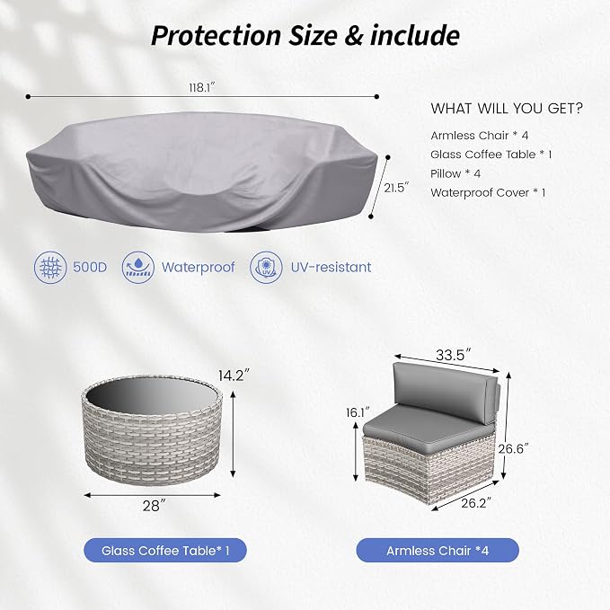 Patio Sectional Furniture, Outdoor 5-Piece Grey Rattan Curved Sofa Set - Image 2