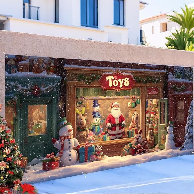 Santa Store Garage Door Decorations 6x13FT, Christmas Window Display Backdrop - Image 6