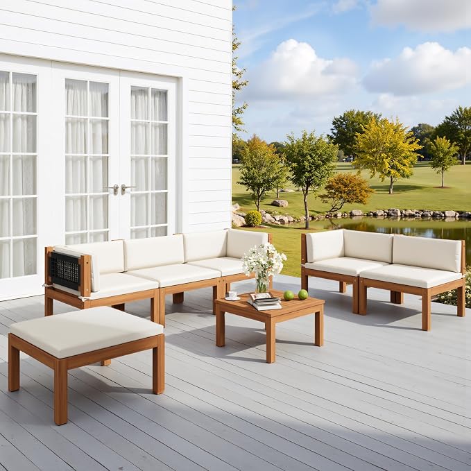 Devoko 7 Piece Acacia Wood Patio Sofa, Outdoor Sectional Coach and Love Seat - Image 7