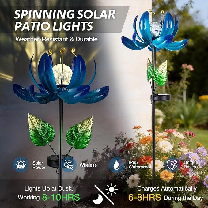 Solar Garden Lights Metal Flower Decor, Colorful Lotus Pathway Spinning Windmill - Image 5