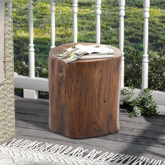 SUNBURY Outdoor Side Table Set of 2, Tree Stump Side Table Brown Colored Faux - Image 2