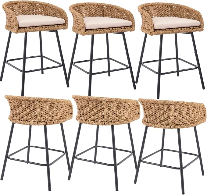 25" Outdoor Counter Height Bar Stools Set of 6, Modern Patio Wicker Bar Chairs by DAYALANE