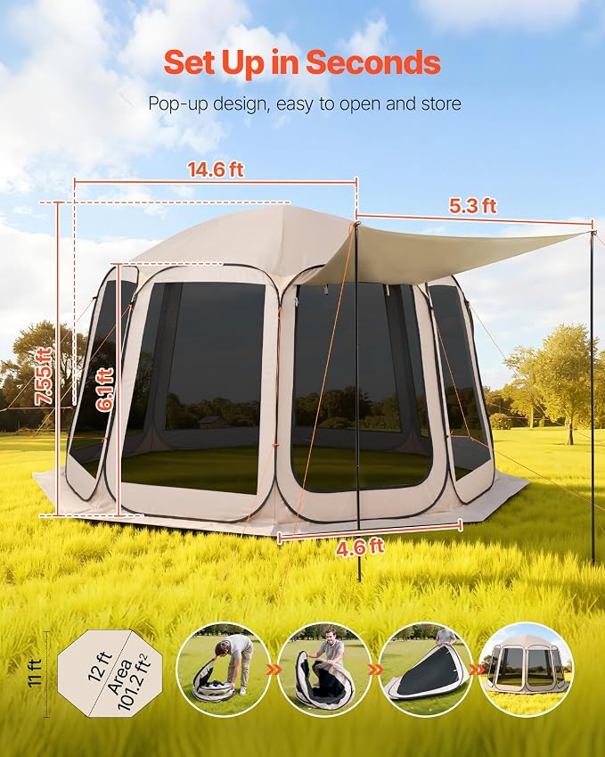 VEVOR Pop up Screen House Tent, 12 x 11 ft, 10-12 Person Screen Gazebo - Image 2