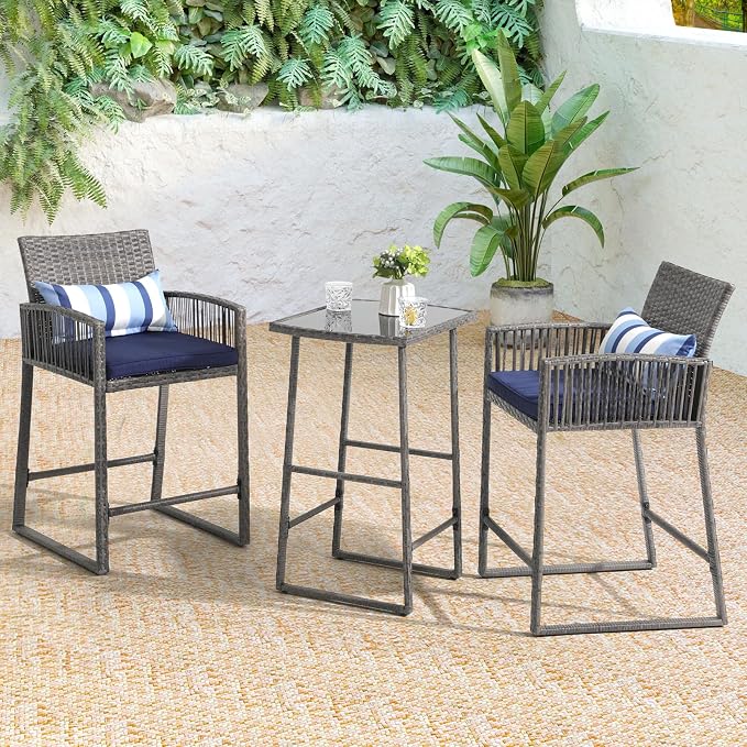 SUNSITT 3-Piece Outdoor Wicker Bar Height Table Set, 2 Bar Stools and 1 Pub - Image 2